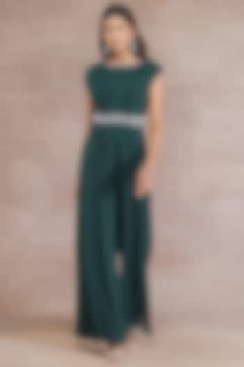 Bottle Green Jumpsuit With Hand Embroidered Belt by Seema Thukral