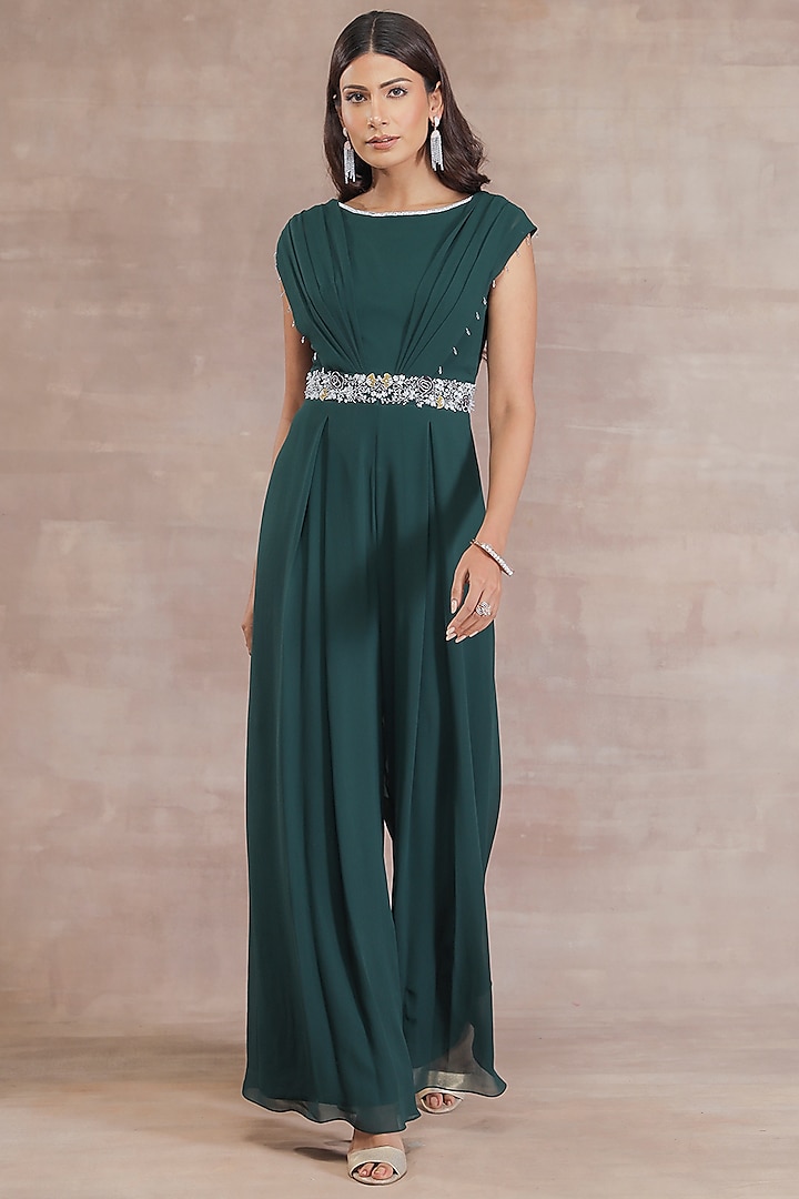 Bottle Green Jumpsuit With Hand Embroidered Belt by Seema Thukral