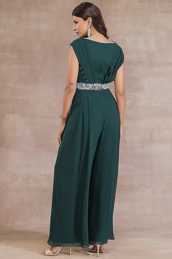 Bottle Green Jumpsuit With Hand Embroidered Belt by Seema Thukral at Pernia's Pop Up Shop