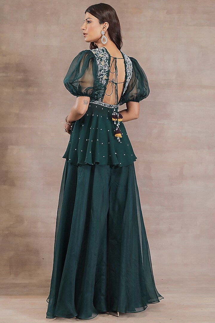 Bottle Green Organza & Crepe Wedding Sharara Set by Seema Thukral at Pernia's Pop Up Shop
