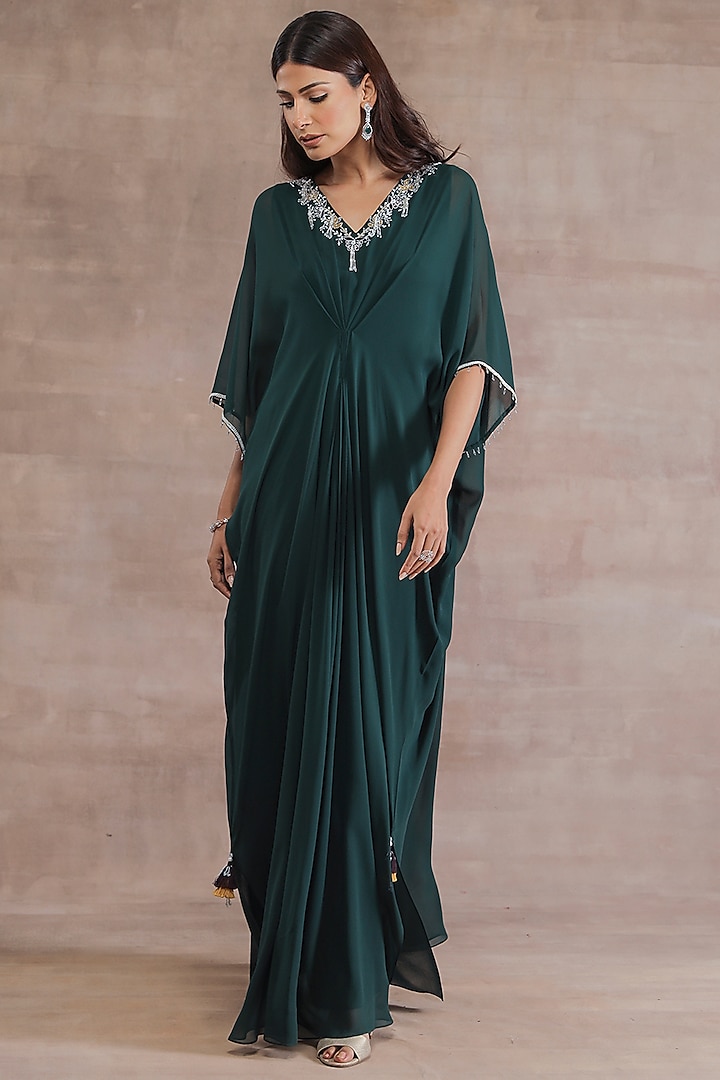 Bottle Green Hand Embroidered Kaftan by Seema Thukral at Pernia's Pop Up Shop