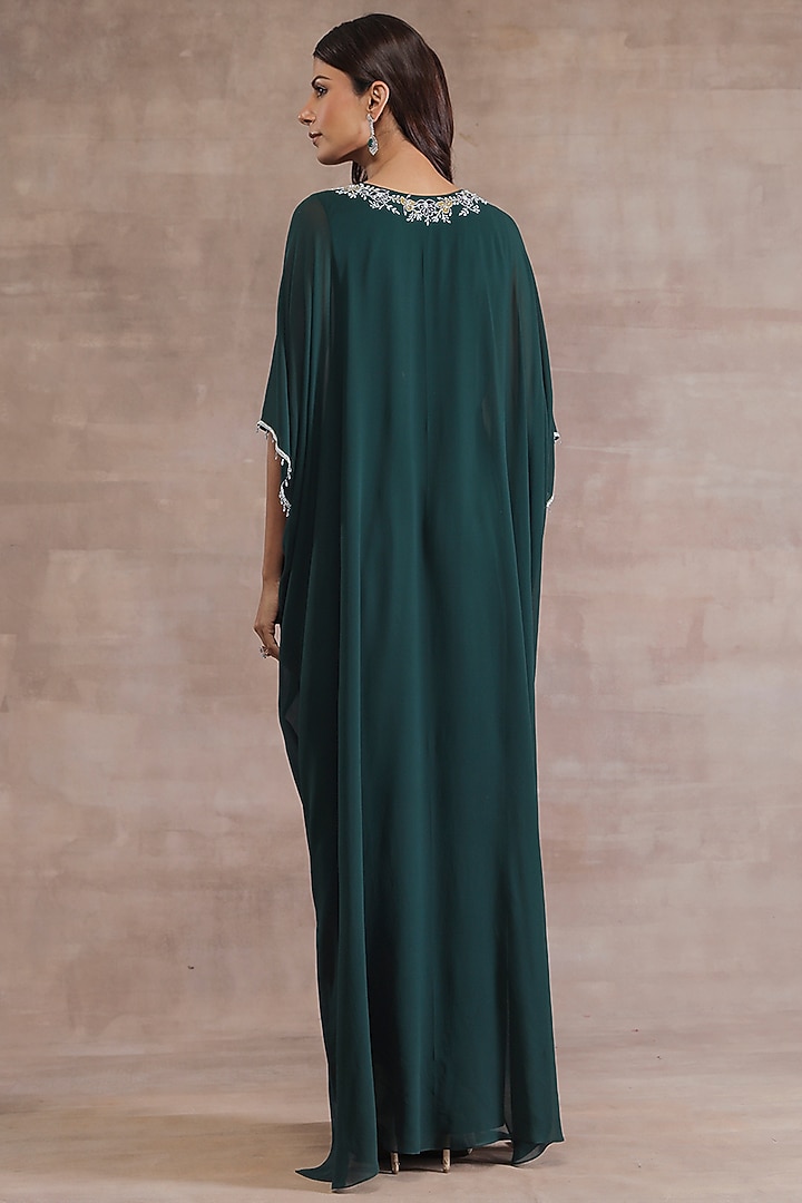 Bottle Green Hand Embroidered Kaftan by Seema Thukral at Pernia's Pop Up Shop