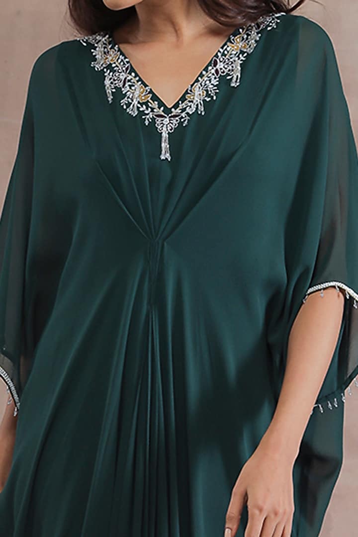 Bottle Green Hand Embroidered Kaftan by Seema Thukral at Pernia's Pop Up Shop
