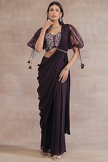 Old Burgundy Pleated Pre-Stitched Pant Wedding Saree Set by Seema Thukral at Pernia's Pop Up Shop