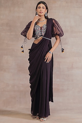 Old Burgundy Pleated Pre-Stitched Pant Saree Set by Seema Thukral