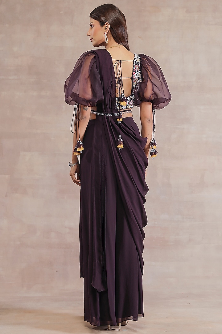 Old Burgundy Pleated Pre-Stitched Pant Wedding Saree Set by Seema Thukral at Pernia's Pop Up Shop