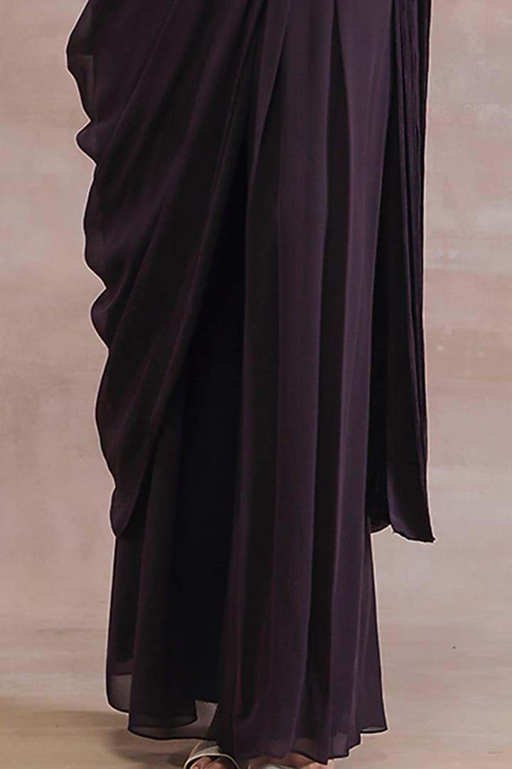 Old Burgundy Pleated Pre-Stitched Pant Wedding Saree Set by Seema Thukral at Pernia's Pop Up Shop