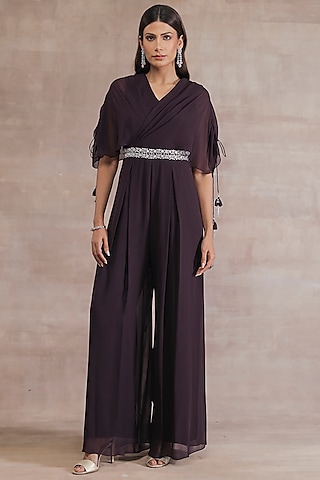 Old Burgundy Hand Embroidered Pleated Jumpsuit by Seema Thukral