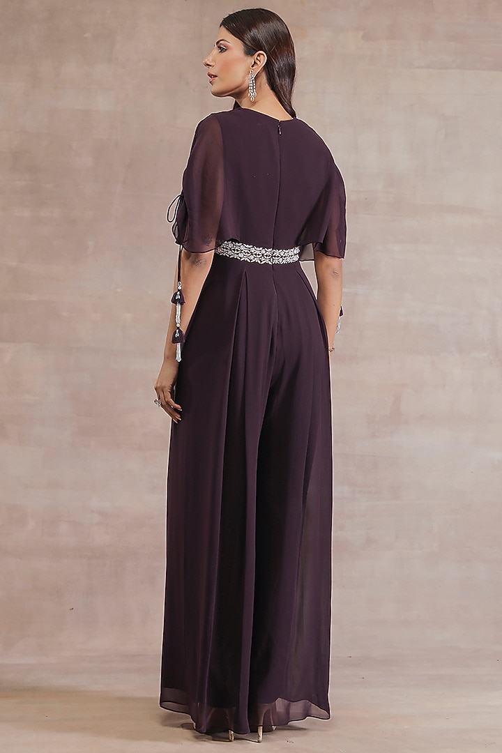 Old Burgundy Hand Embroidered Pleated Jumpsuit by Seema Thukral at Pernia's Pop Up Shop