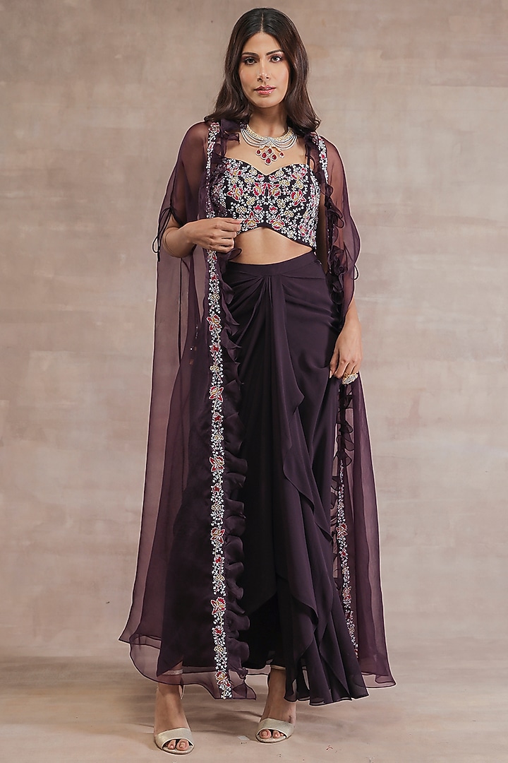 Old Burgundy Organza Sequins Hand Embroidered Cape Set by Seema Thukral at Pernia's Pop Up Shop