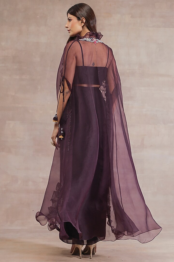 Old Burgundy Organza Sequins Hand Embroidered Cape Set by Seema Thukral at Pernia's Pop Up Shop