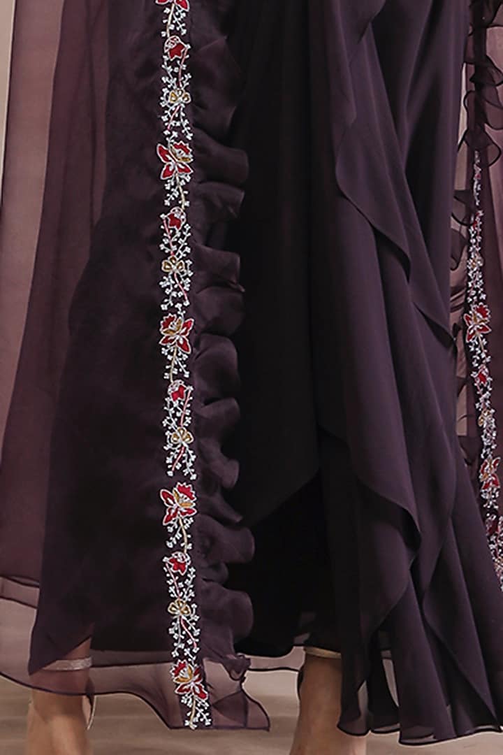 Old Burgundy Organza Sequins Hand Embroidered Cape Set by Seema Thukral at Pernia's Pop Up Shop