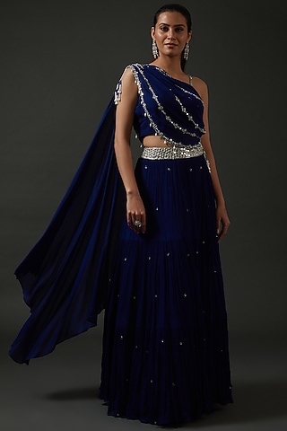Electric Blue Chiffon Embroidered Lehenga Set by Seema Thukral