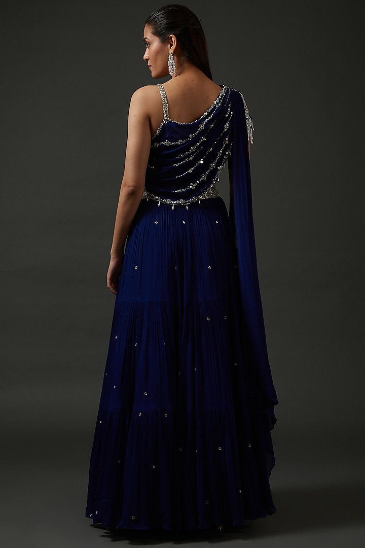Electric Blue Chiffon Embroidered Wedding Lehenga Set by Seema Thukral at Pernia's Pop Up Shop