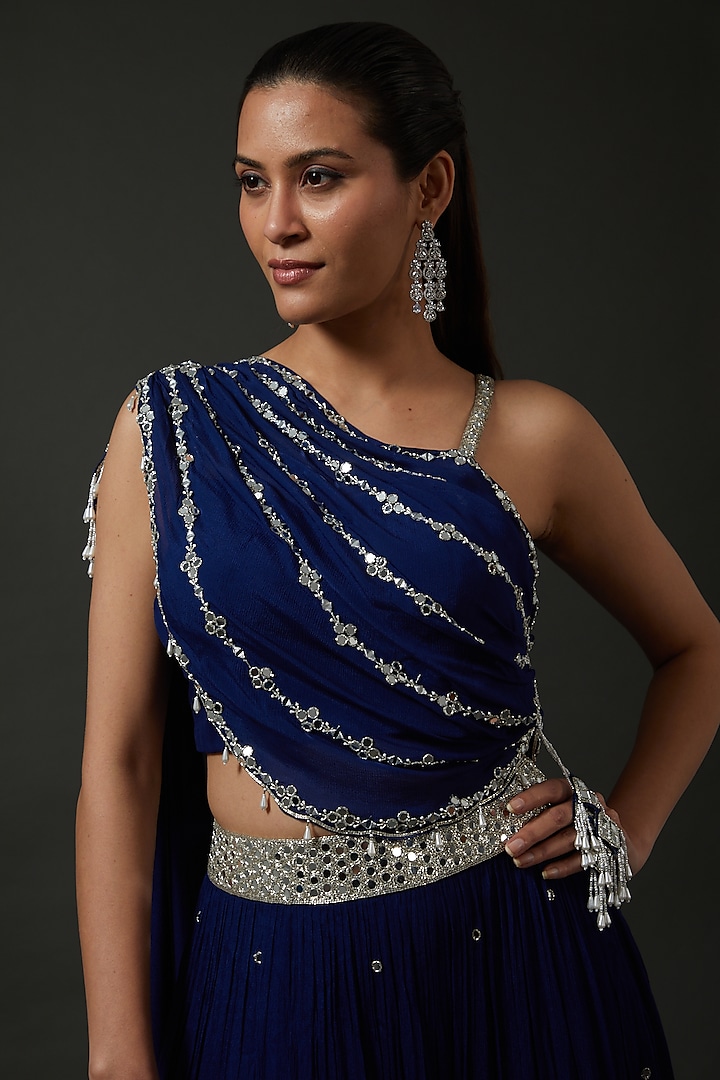 Electric Blue Chiffon Embroidered Wedding Lehenga Set by Seema Thukral at Pernia's Pop Up Shop
