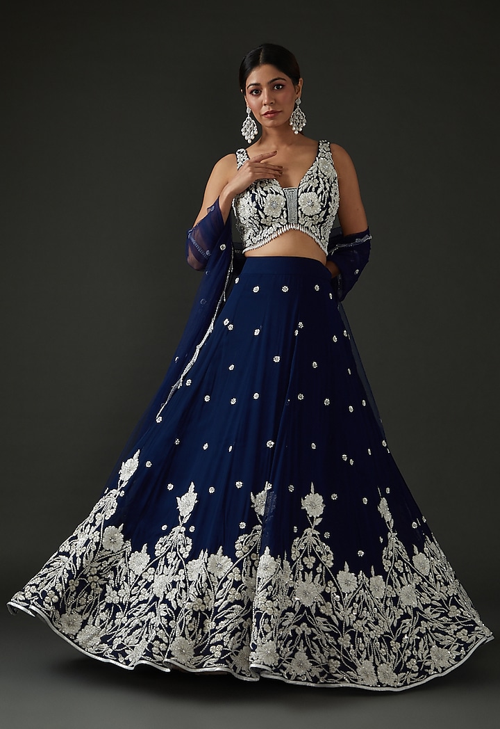 Electric Blue Georgette Embroidered Wedding Lehenga Set by Seema Thukral at Pernia's Pop Up Shop