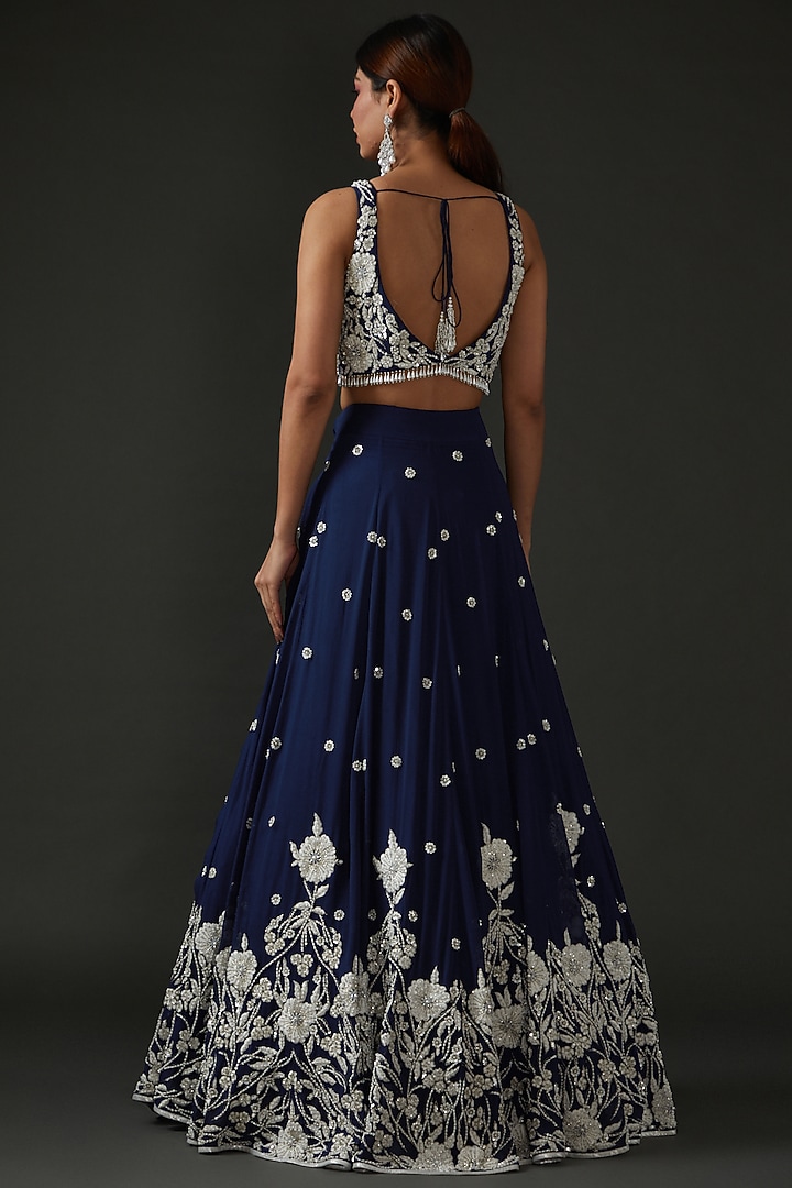 Electric Blue Georgette Embroidered Wedding Lehenga Set by Seema Thukral at Pernia's Pop Up Shop