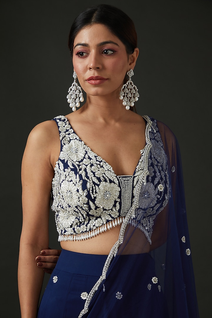 Electric Blue Georgette Embroidered Wedding Lehenga Set by Seema Thukral at Pernia's Pop Up Shop