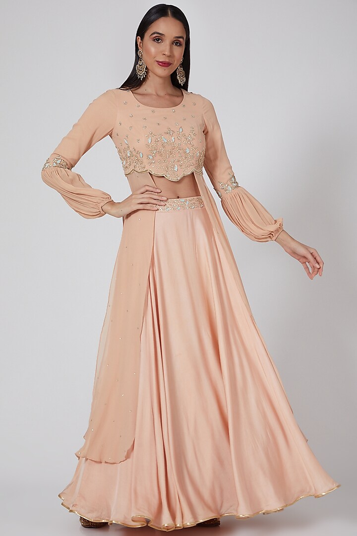 Peach Embellished Circular Skirt Set by Seema Thukral at Pernia's Pop Up Shop