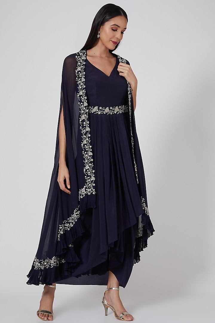 Midnight Blue Embellished Pleated Dress With Cape by Seema Thukral