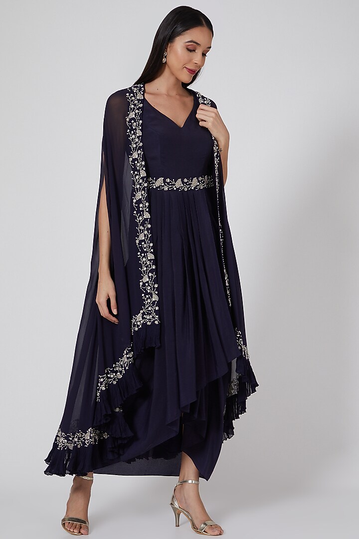 Midnight Blue Embellished Pleated Cocktail Dress With Cape by Seema Thukral at Pernia's Pop Up Shop