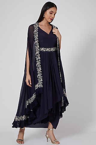 Midnight Blue Embellished Pleated Dress With Cape by Seema Thukral