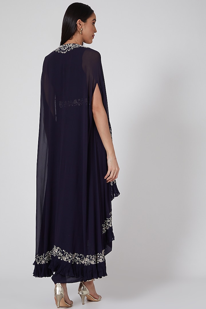 Midnight Blue Embellished Pleated Cocktail Dress With Cape by Seema Thukral at Pernia's Pop Up Shop