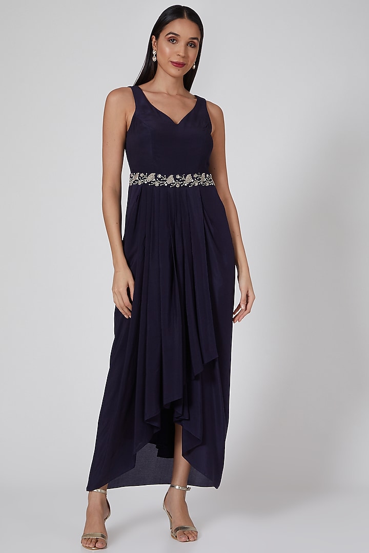 Midnight Blue Embellished Pleated Cocktail Dress With Cape by Seema Thukral at Pernia's Pop Up Shop