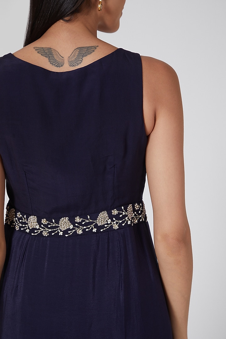 Midnight Blue Embellished Pleated Cocktail Dress With Cape by Seema Thukral at Pernia's Pop Up Shop