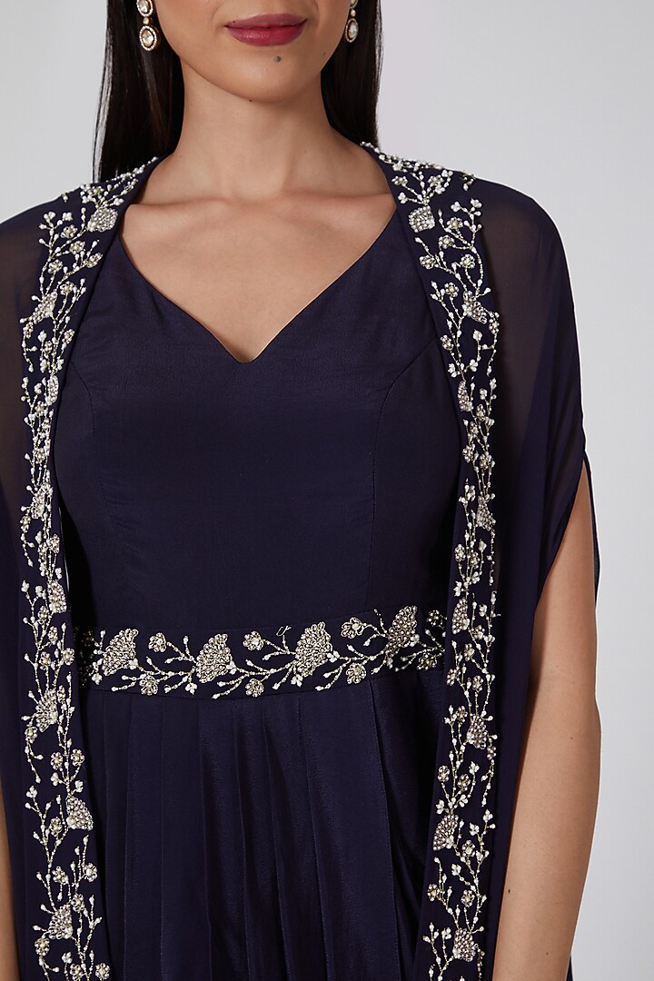 Midnight Blue Embellished Pleated Cocktail Dress With Cape by Seema Thukral at Pernia's Pop Up Shop