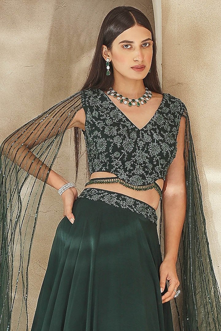 Emerald Green Organza Embroidered Wedding Lehenga Set by Seema Thukral at Pernia's Pop Up Shop