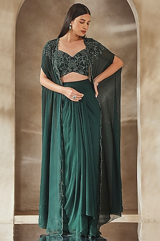 Emerald Green Organza Embroidered Cape Set by Seema Thukral