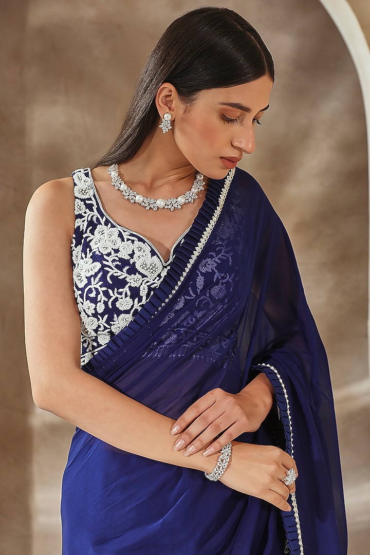 Electric Blue Organza Wedding Saree Set by Seema Thukral at Pernia's Pop Up Shop