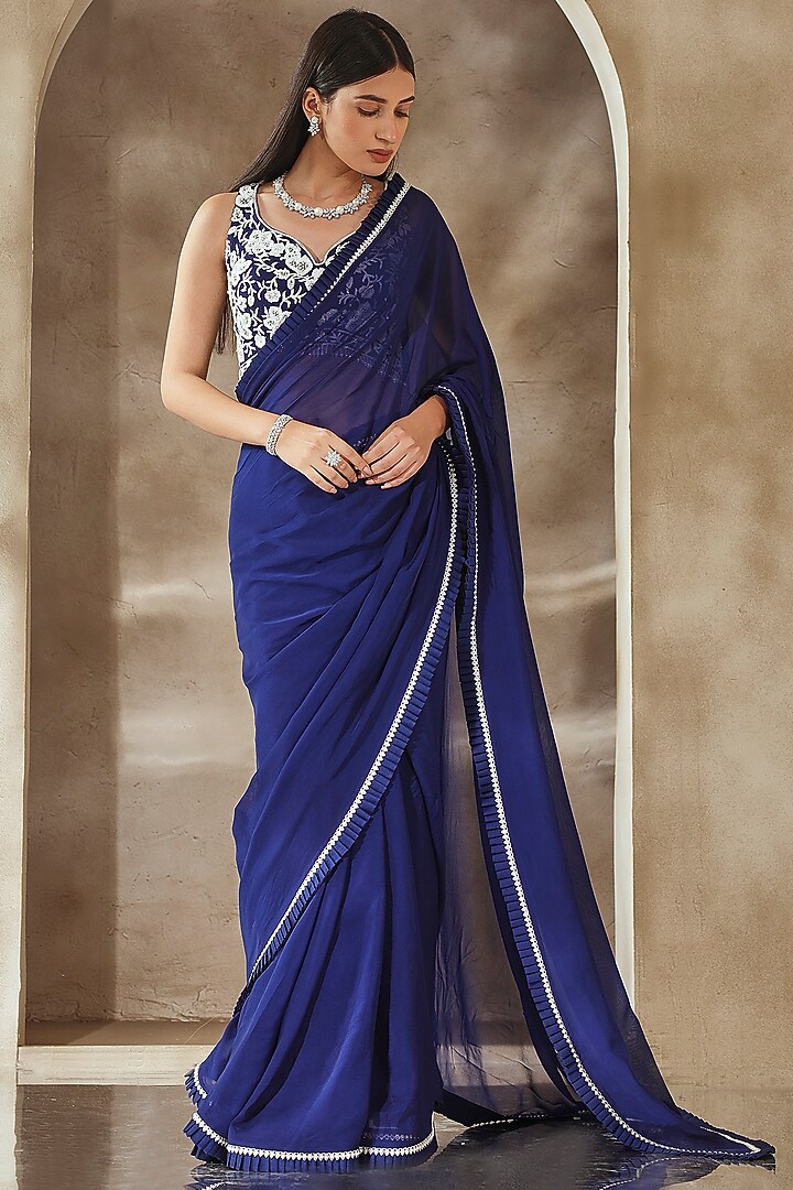 Electric Blue Organza Wedding Saree Set by Seema Thukral at Pernia's Pop Up Shop