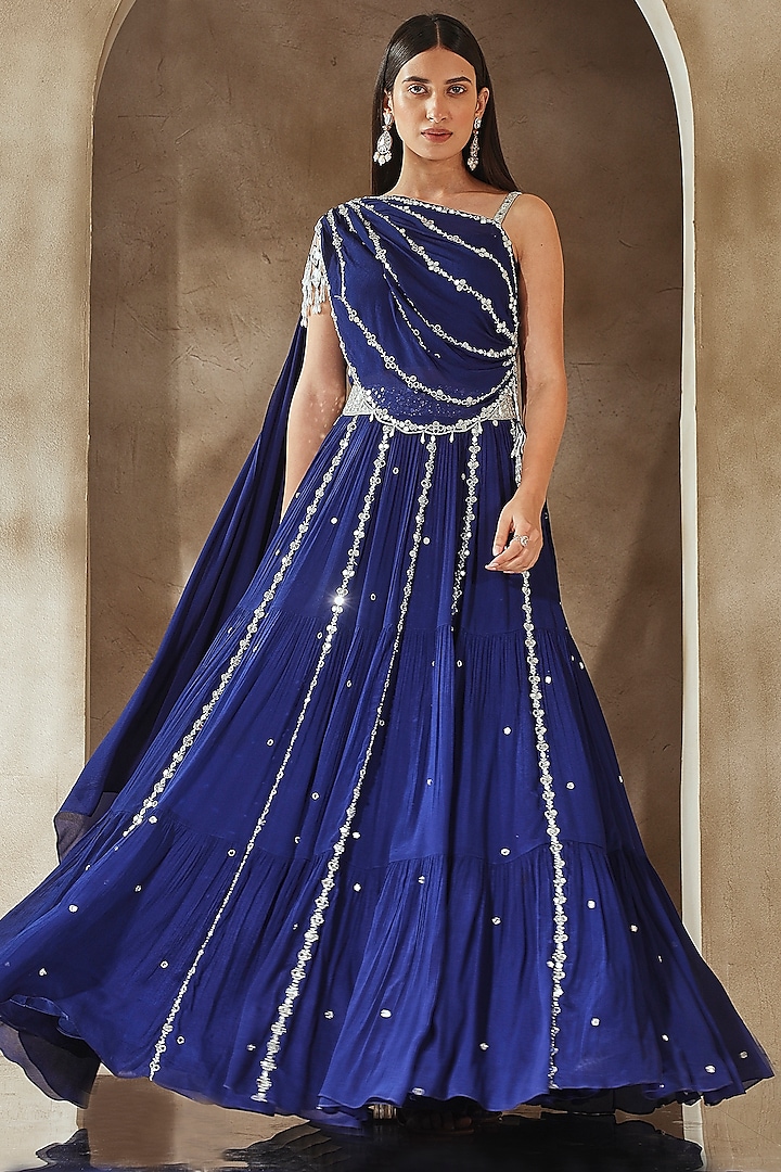 Electric Blue Chiffon Embroidered Wedding Lehenga Set by Seema Thukral at Pernia's Pop Up Shop