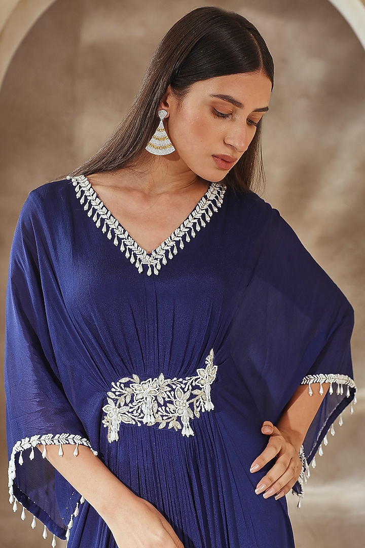 Electric Blue Chiffon Embroidered Kaftan by Seema Thukral at Pernia's Pop Up Shop