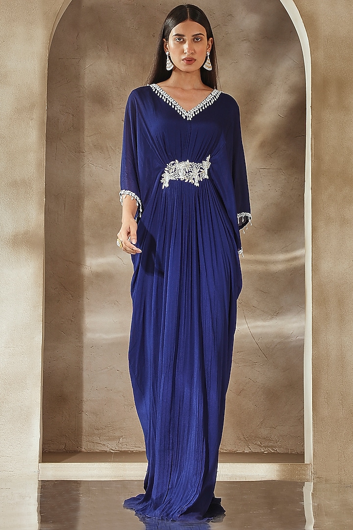Electric Blue Chiffon Embroidered Kaftan by Seema Thukral at Pernia's Pop Up Shop