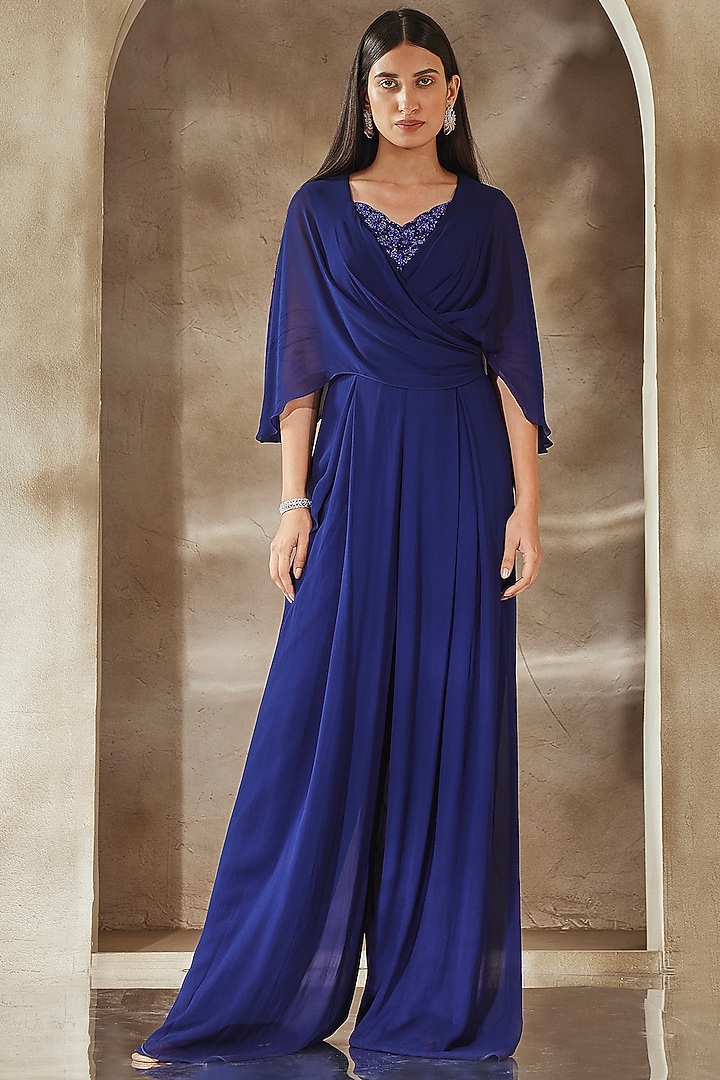 Electric Blue Georgette Embroidered Jumpsuit by Seema Thukral at Pernia's Pop Up Shop