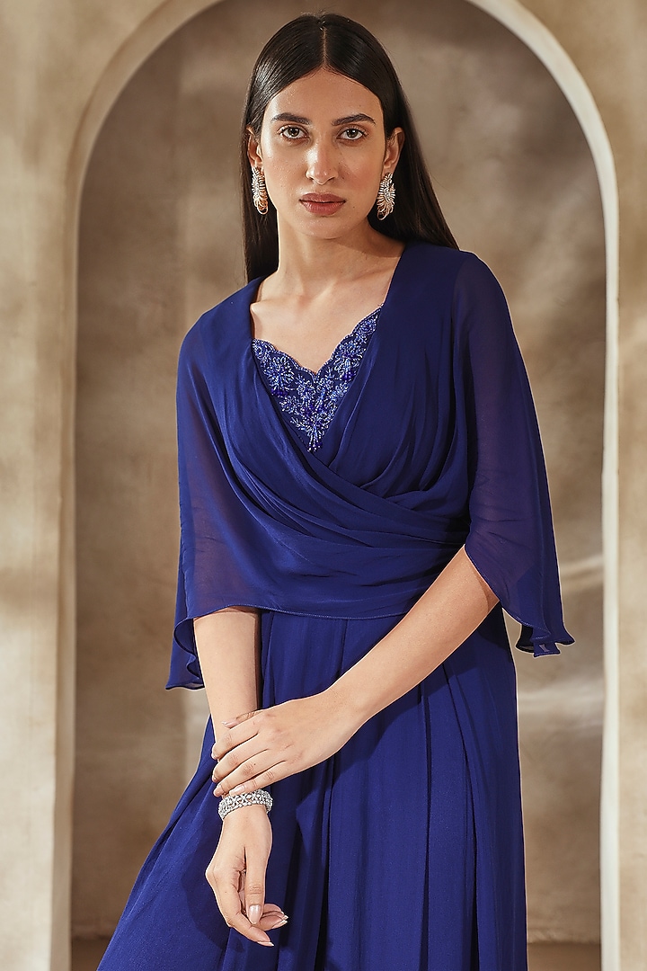 Electric Blue Georgette Embroidered Jumpsuit by Seema Thukral at Pernia's Pop Up Shop