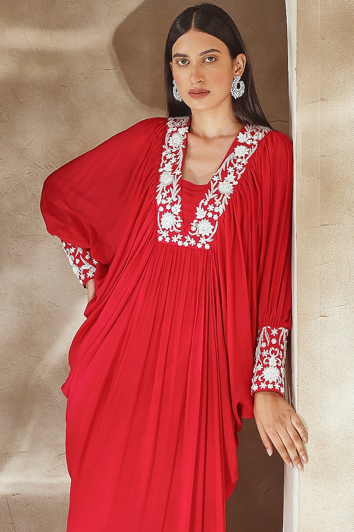 Raspberry Pink Chiffon Embroidered Kaftan by Seema Thukral at Pernia's Pop Up Shop