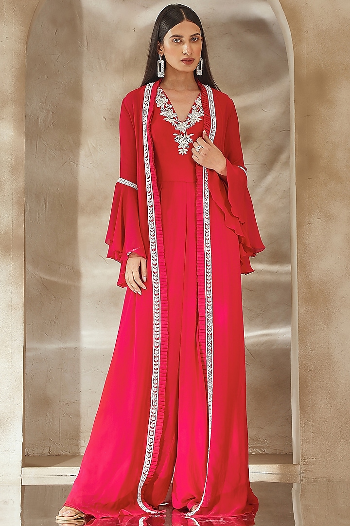 Raspberry Pink Georgette Embroidered Jumpsuit With Jacket by Seema Thukral