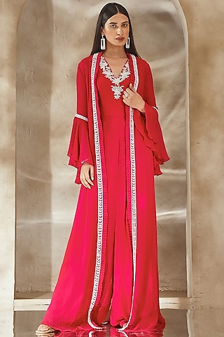 Raspberry Pink Georgette Embroidered Jumpsuit With Jacket by Seema Thukral