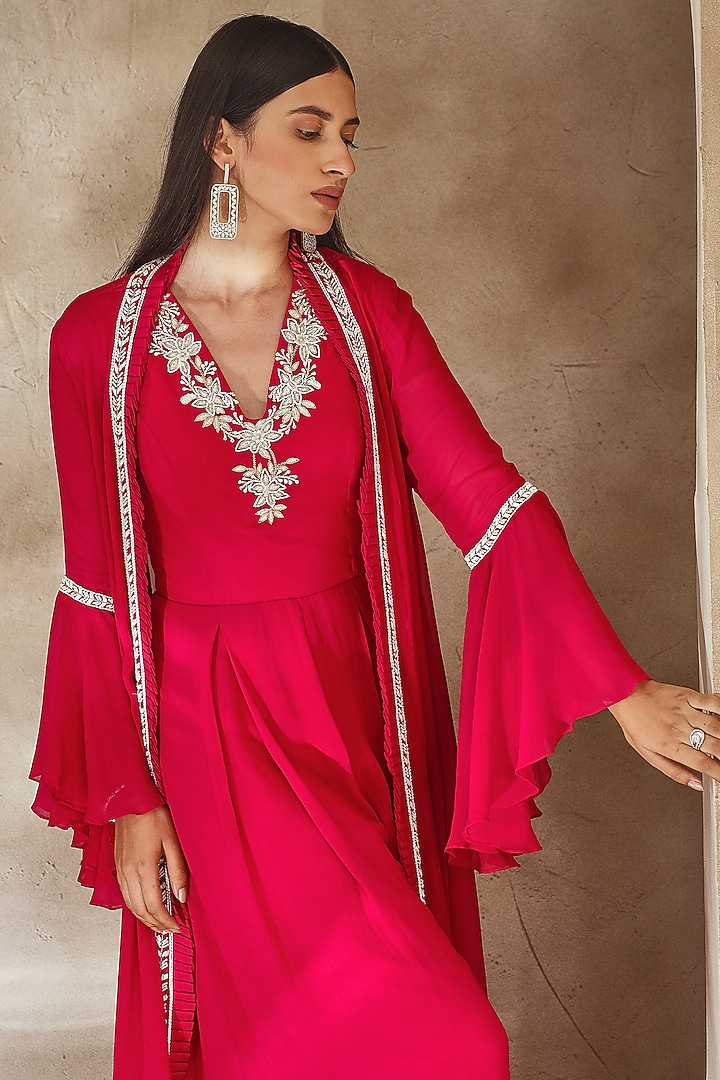 Raspberry Pink Georgette Embroidered Jumpsuit With Jacket by Seema Thukral at Pernia's Pop Up Shop