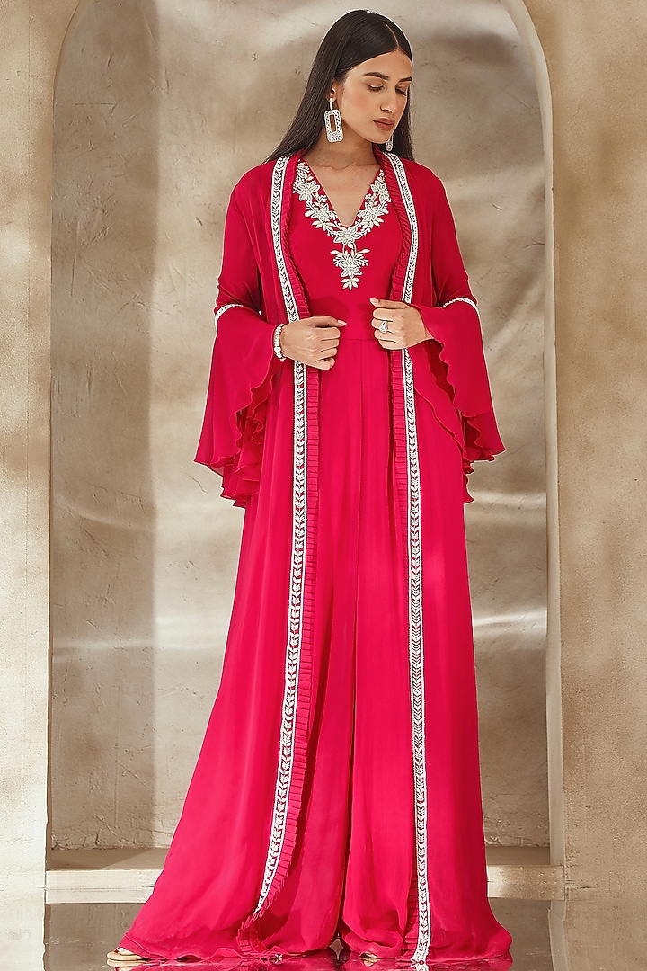 Raspberry Pink Georgette Embroidered Jumpsuit With Jacket by Seema Thukral at Pernia's Pop Up Shop