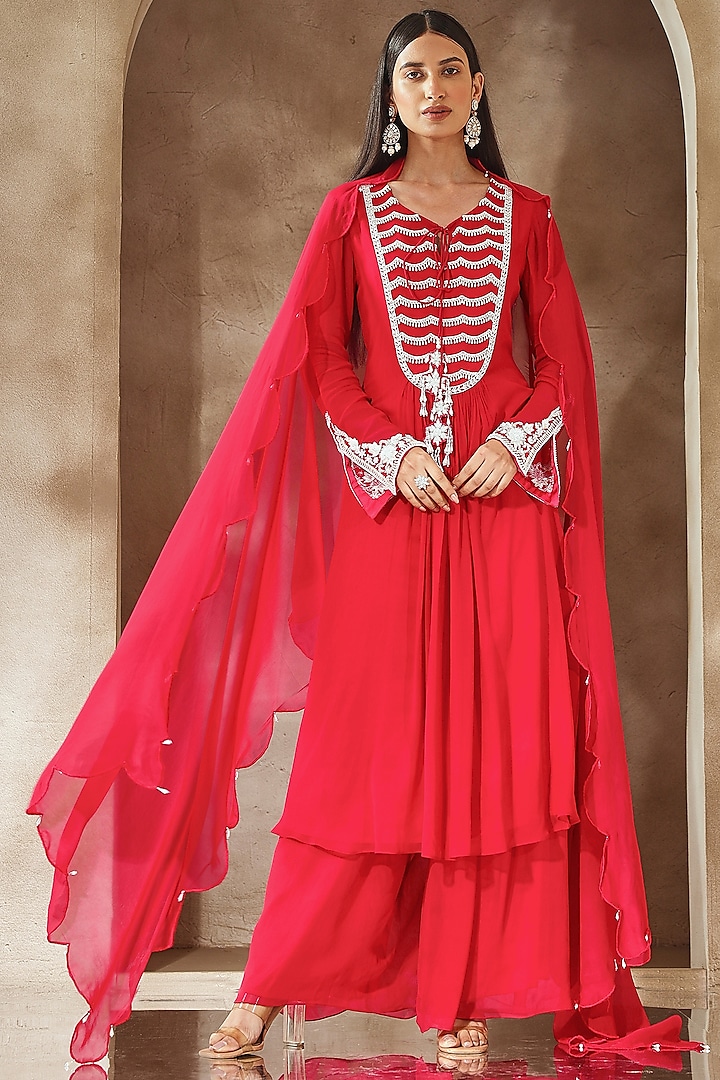 Raspberry Pink Georgette Embroidered Kurta Set by Seema Thukral at Pernia's Pop Up Shop