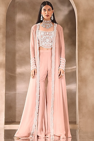 Dusty Pink Georgette Embroidered Jacket Set by Seema Thukral