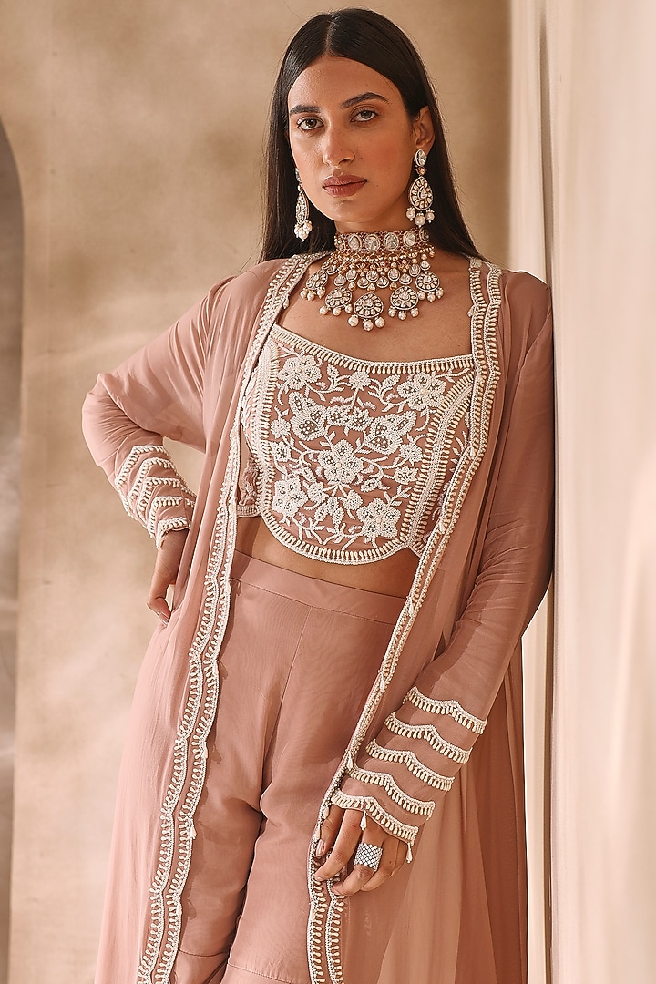 Dusty Pink Georgette Embroidered Jacket Set by Seema Thukral at Pernia's Pop Up Shop
