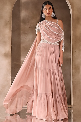 Dusty Pink Chiffon Embroidered Lehenga Set by Seema Thukral