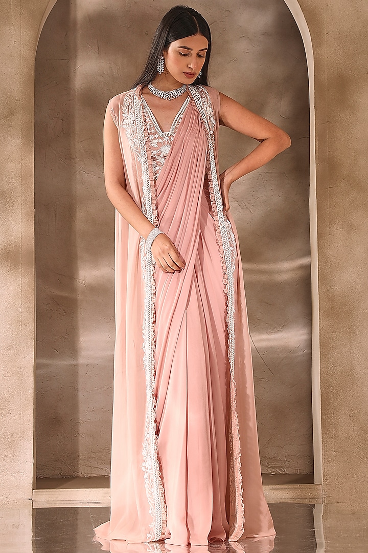 Dusty Pink Georgette Pre-Stitched Jacket Saree Set by Seema Thukral
