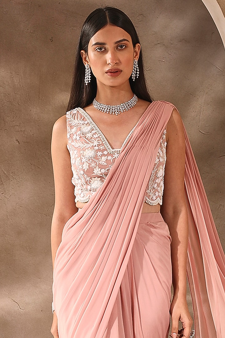 Dusty Pink Georgette Pre-Stitched Wedding Saree Set by Seema Thukral at Pernia's Pop Up Shop